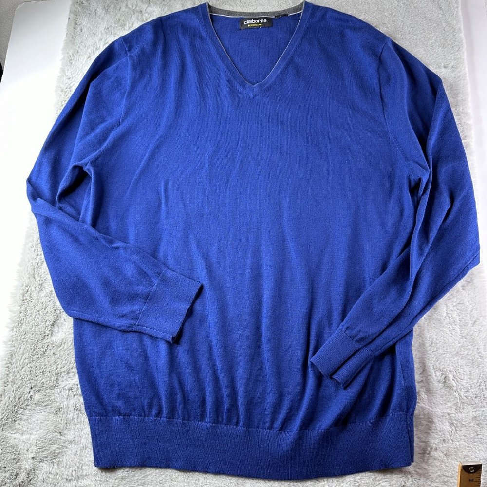 Claiborne Sweater Mens XXL Blue Perfomance Gray Trimmed V Neck Classic Pullover